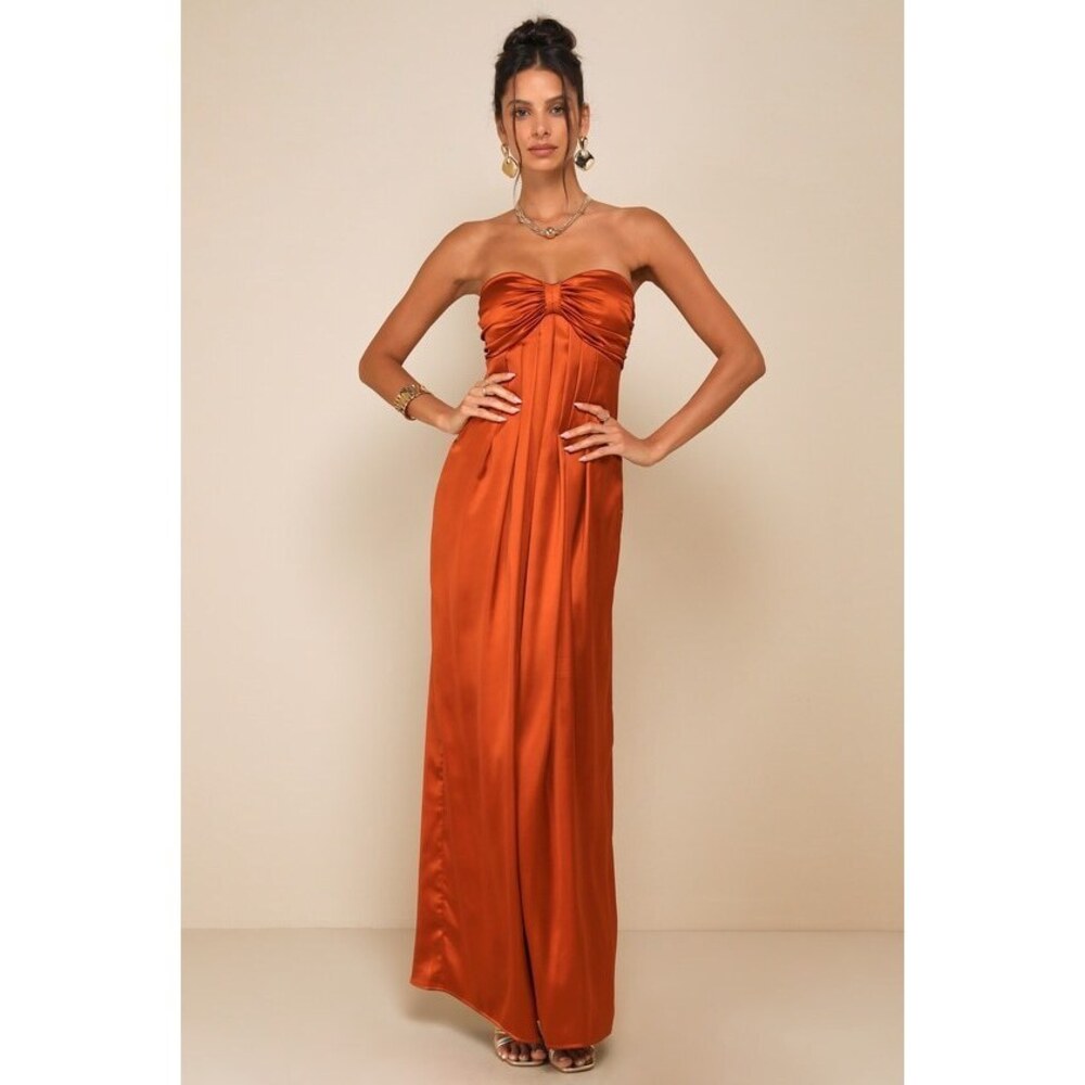 Lulus Memorable Entrance Rust Orange Strapless Satin Maxi Dress - Size M